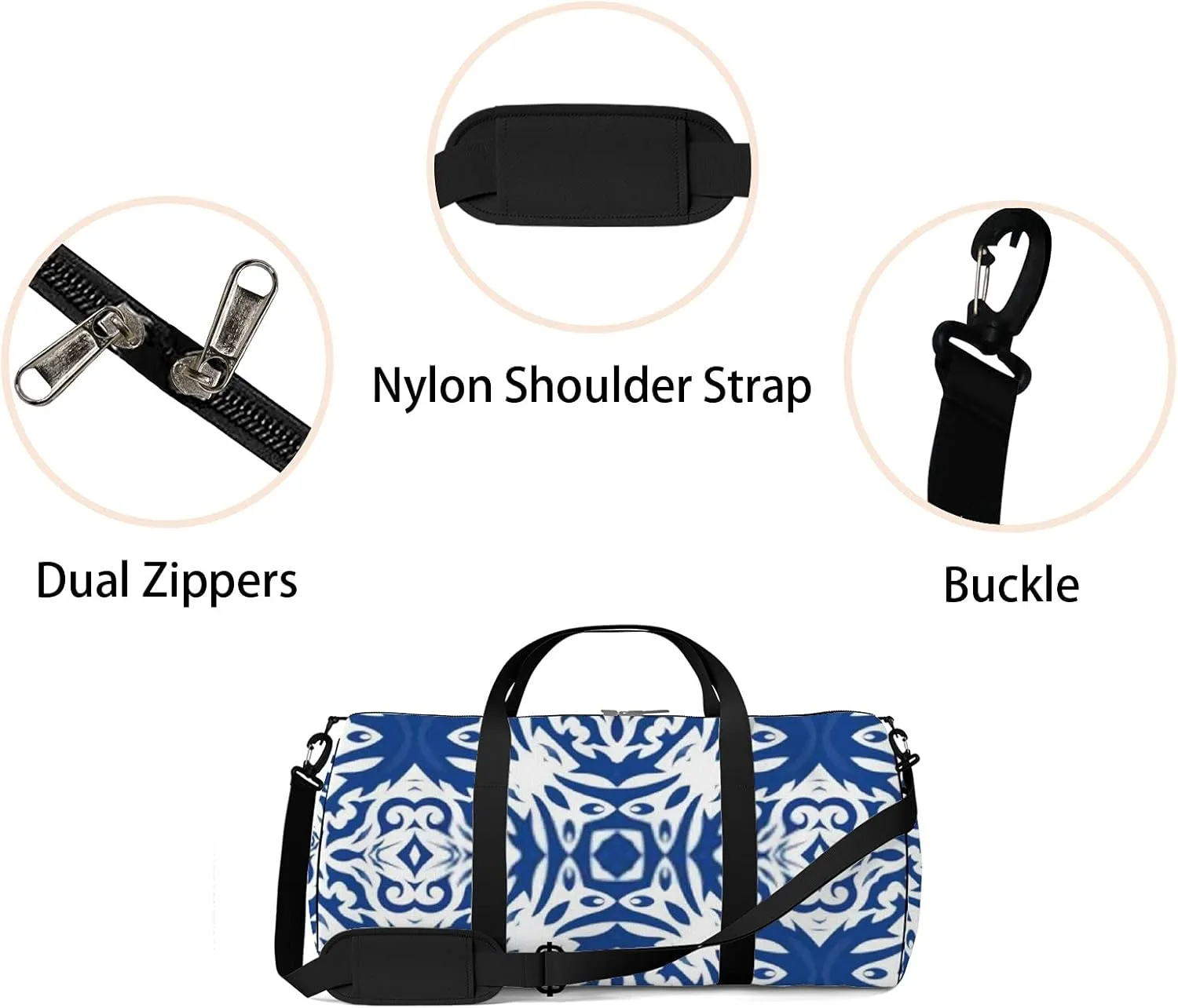 Retro Navy Blue Folk Ethnic For Print Sports Bag Tote Bag Waterproof Gym Bag with Shoulder Strap Zipper 2 Side Pockets for Men and Women, Travel and Storage Shoulder Bag.