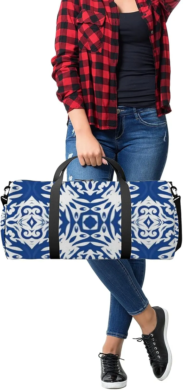 Retro Navy Blue Folk Ethnic For Print Sports Bag Tote Bag Waterproof Gym Bag with Shoulder Strap Zipper 2 Side Pockets for Men and Women, Travel and Storage Shoulder Bag.