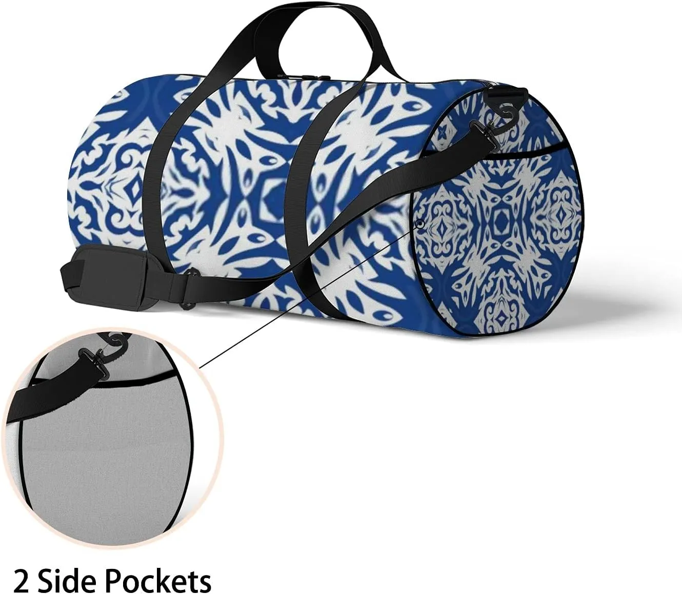 Retro Navy Blue Folk Ethnic For Print Sports Bag Tote Bag Waterproof Gym Bag with Shoulder Strap Zipper 2 Side Pockets for Men and Women, Travel and Storage Shoulder Bag.