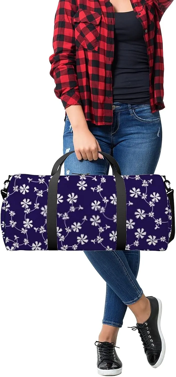 Retro Navy Blue Oriental White Flowers Sports Bag Tote Bag Waterproof Gym Bag with Shoulder Strap Zipper 2 Side Pockets for Men and Women, Travel and Storage Shoulder Bag.
