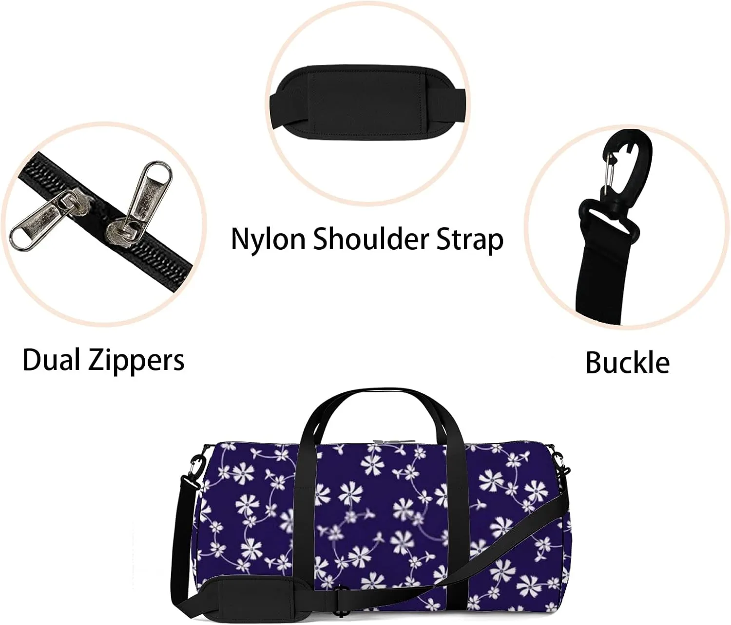 Retro Navy Blue Oriental White Flowers Sports Bag Tote Bag Waterproof Gym Bag with Shoulder Strap Zipper 2 Side Pockets for Men and Women, Travel and Storage Shoulder Bag.