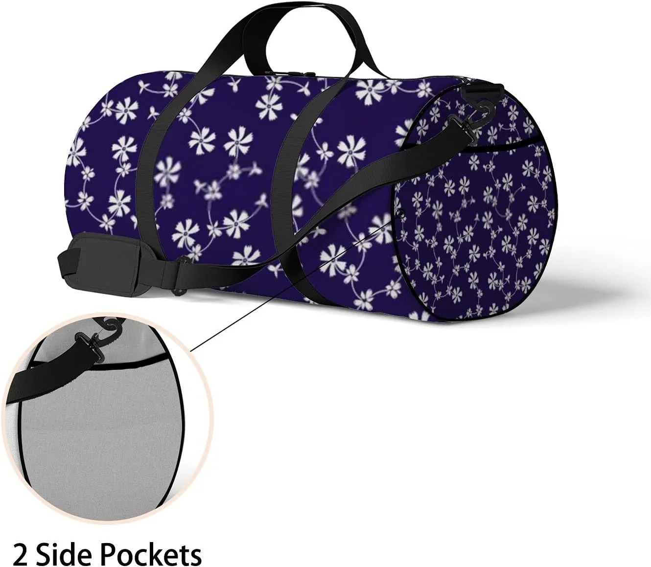 Retro Navy Blue Oriental White Flowers Sports Bag Tote Bag Waterproof Gym Bag with Shoulder Strap Zipper 2 Side Pockets for Men and Women, Travel and Storage Shoulder Bag.