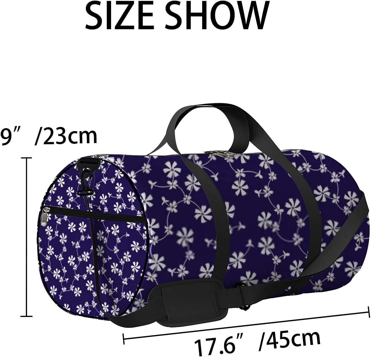 Retro Navy Blue Oriental White Flowers Sports Bag Tote Bag Waterproof Gym Bag with Shoulder Strap Zipper 2 Side Pockets for Men and Women, Travel and Storage Shoulder Bag.