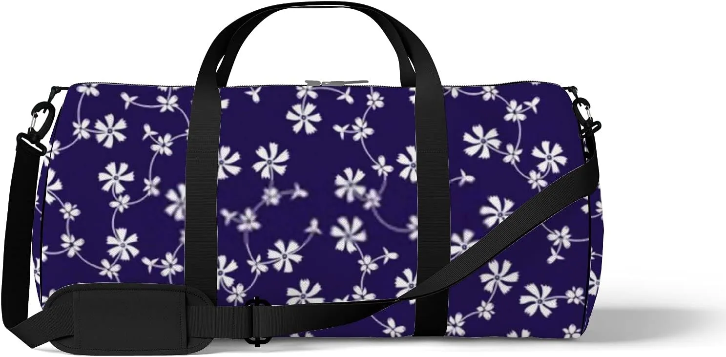 Retro Navy Blue Oriental White Flowers Sports Bag Tote Bag Waterproof Gym Bag with Shoulder Strap Zipper 2 Side Pockets for Men and Women, Travel and Storage Shoulder Bag.
