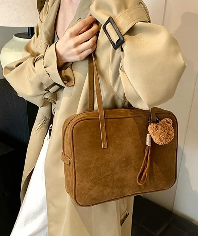 Retro Suede Shoulder Bag for Women Suede Tote Handbag Satchel Crossbody Bag Winter Work Purse Large Suede Square Bag