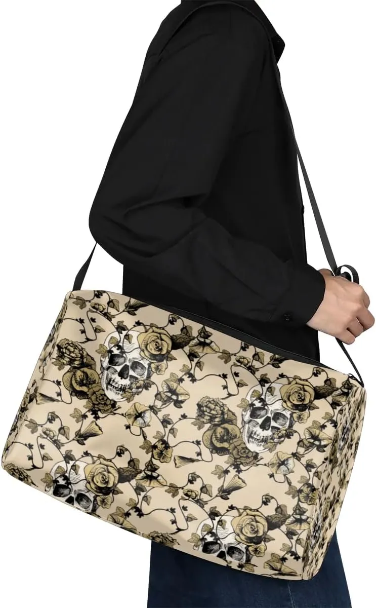 Retro Sugar Skull Flowers Small Gym Bag for Men Women Workout Sport Duffle Bag Waterproof Weekender Overnight Bag Lightweight Carry on Tote Bag Crossbody Shoulder Travel Bag for Swim Yoge Dance