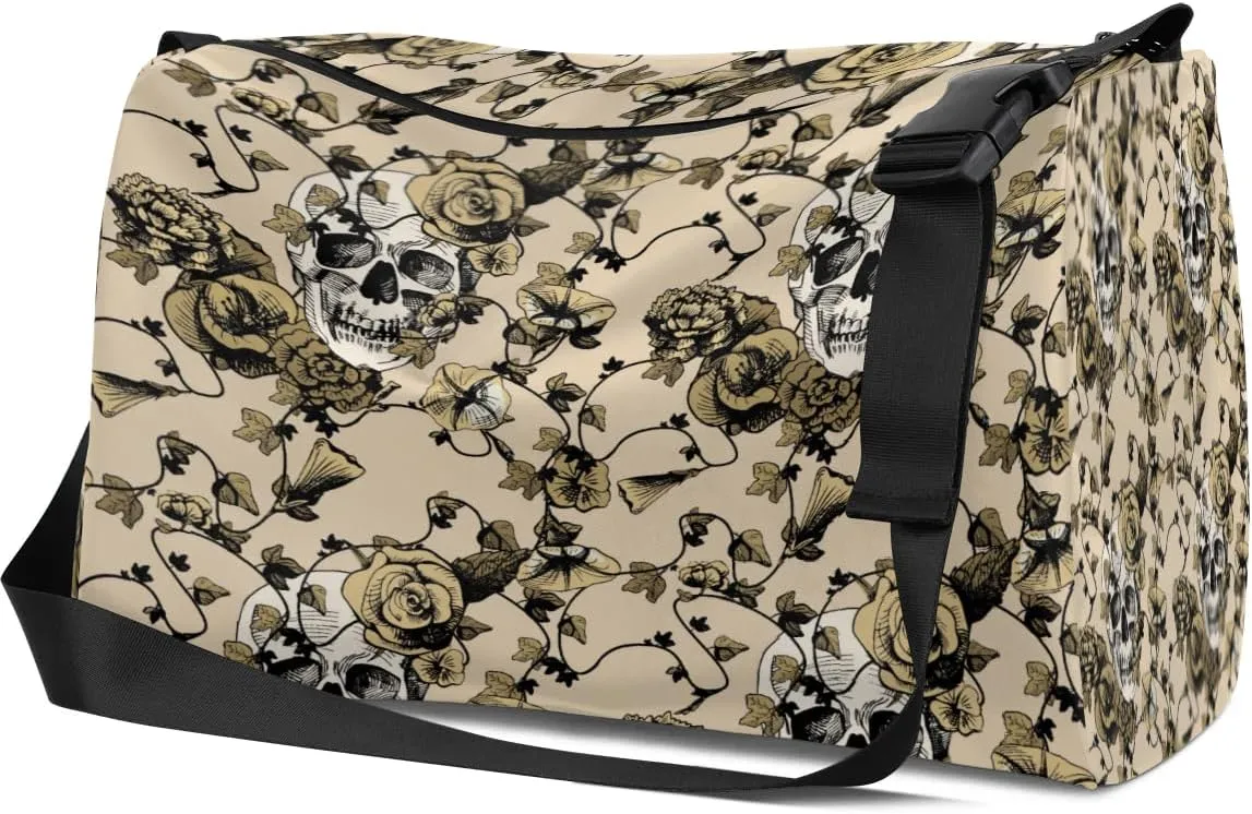 Retro Sugar Skull Flowers Small Gym Bag for Men Women Workout Sport Duffle Bag Waterproof Weekender Overnight Bag Lightweight Carry on Tote Bag Crossbody Shoulder Travel Bag for Swim Yoge Dance