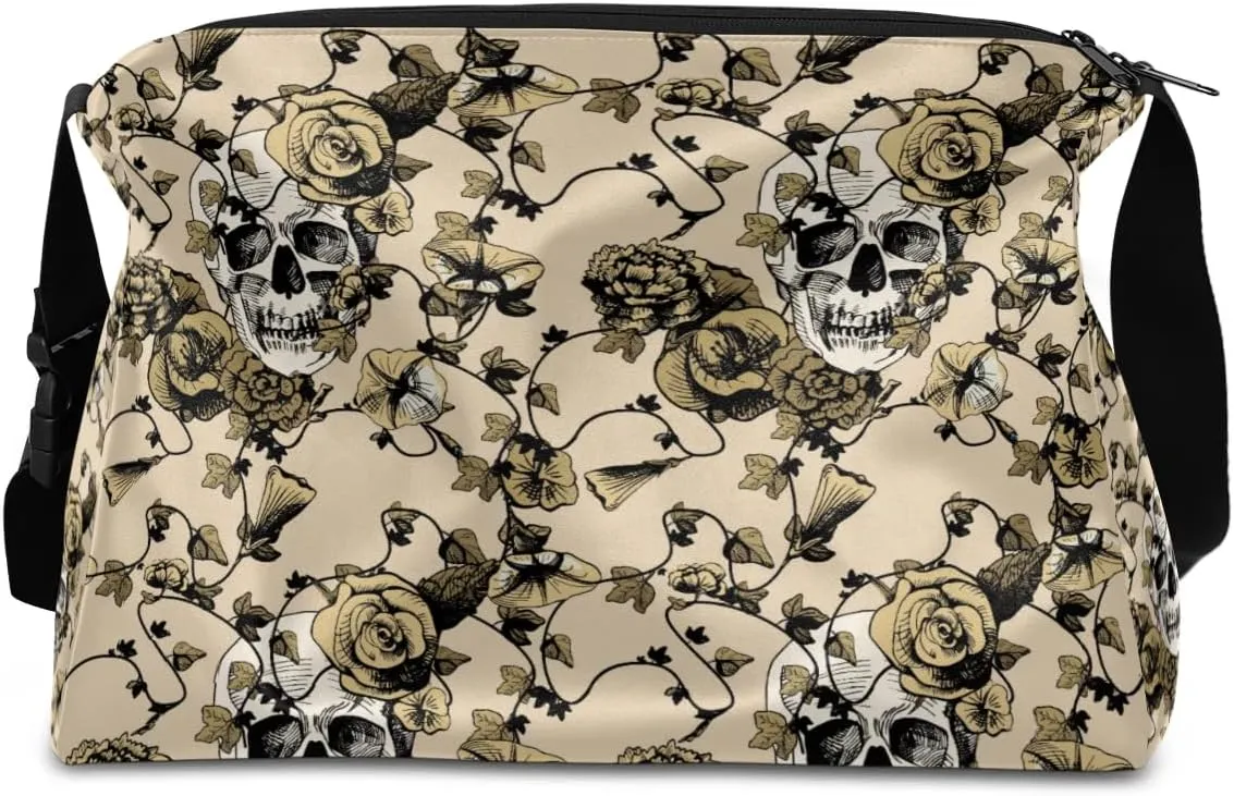 Retro Sugar Skull Flowers Small Gym Bag for Men Women Workout Sport Duffle Bag Waterproof Weekender Overnight Bag Lightweight Carry on Tote Bag Crossbody Shoulder Travel Bag for Swim Yoge Dance