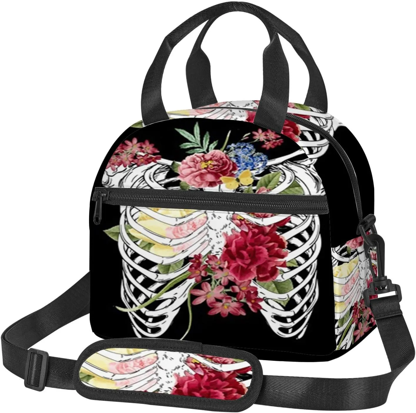 Ribcage Skull Flowers,Insulated Reusable Lunch Bag with Adjustable Shoulder Strap for Adults,Skull with Flowers Human Ribcage,Leakproof Office Picnic Hiking Beach Tote Bag,Multicolor,9x5x7.8in