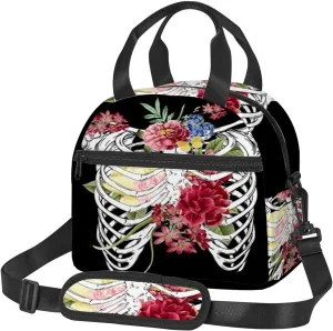 Ribcage Skull Flowers,Insulated Reusable Lunch Bag with Adjustable Shoulder Strap for Adults,Skull with Flowers Human Ribcage,Leakproof Office Picnic Hiking Beach Tote Bag,Multicolor,9x5x7.8in