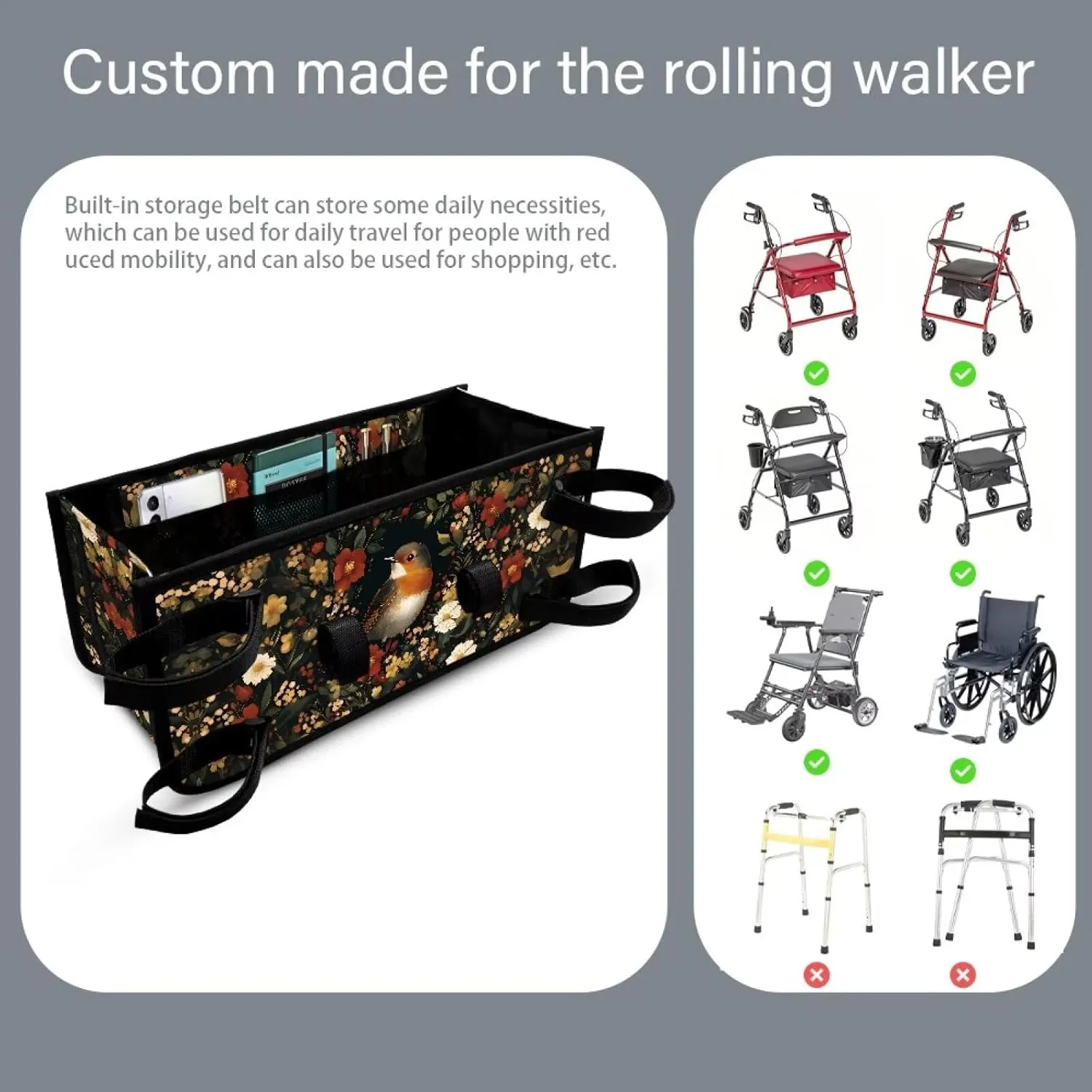 Robin Bird Floral Rollator Bag Tote Organizer for Universal Walkers Walker Bag Mobility Aid Accessory Pouch for Seniors in Assisted Living