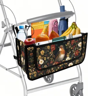 Robin Bird Floral Rollator Bag Tote Organizer for Universal Walkers Walker Bag Mobility Aid Accessory Pouch for Seniors in Assisted Living