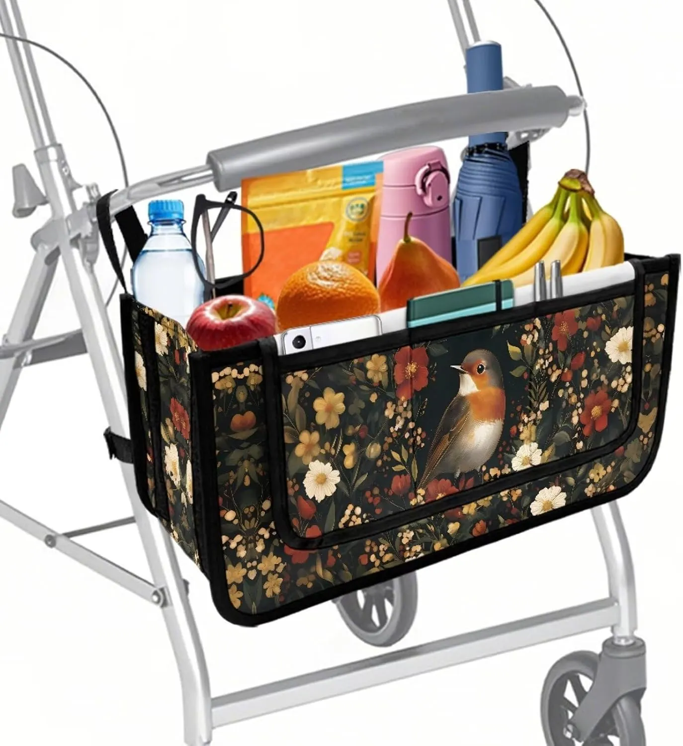 Robin Bird Floral Rollator Bag Tote Organizer for Universal Walkers Walker Bag Mobility Aid Accessory Pouch for Seniors in Assisted Living
