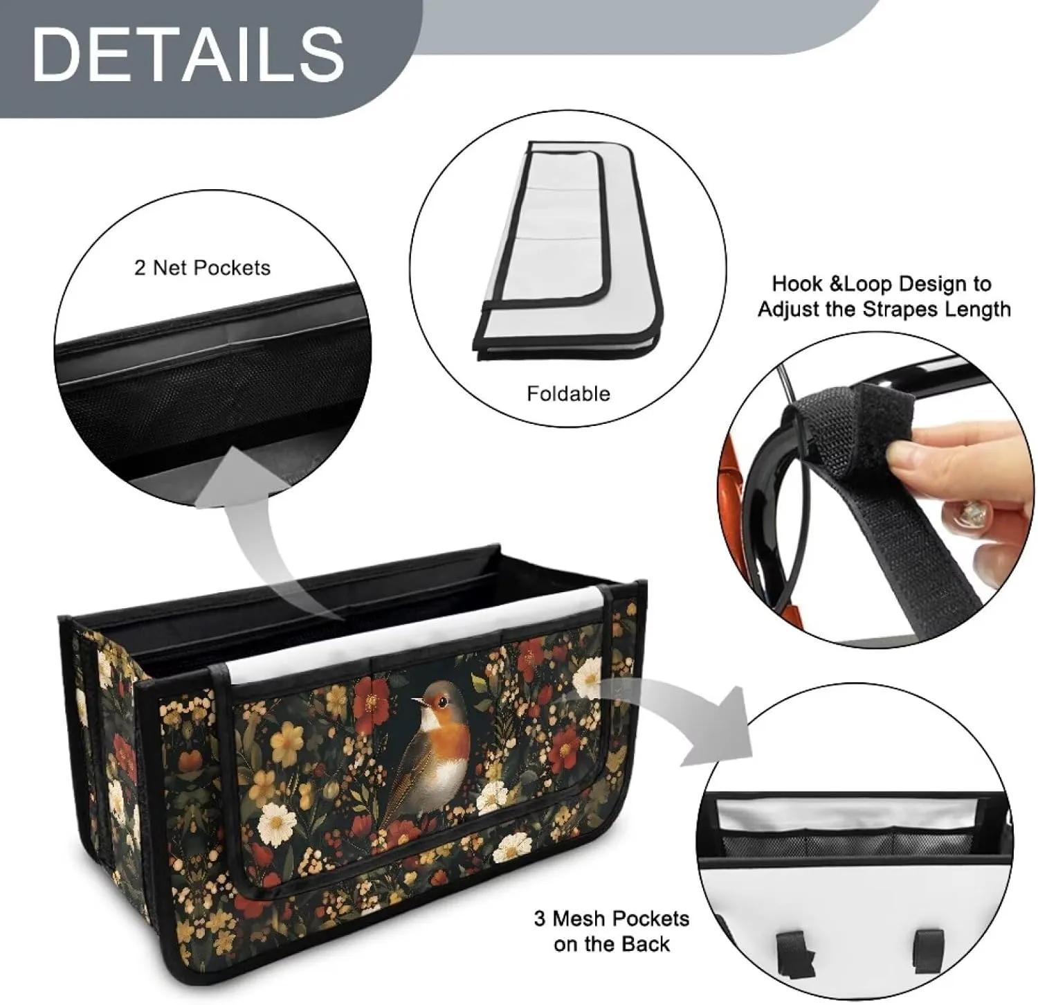Robin Bird Floral Rollator Bag Tote Organizer for Universal Walkers Walker Bag Mobility Aid Accessory Pouch for Seniors in Assisted Living