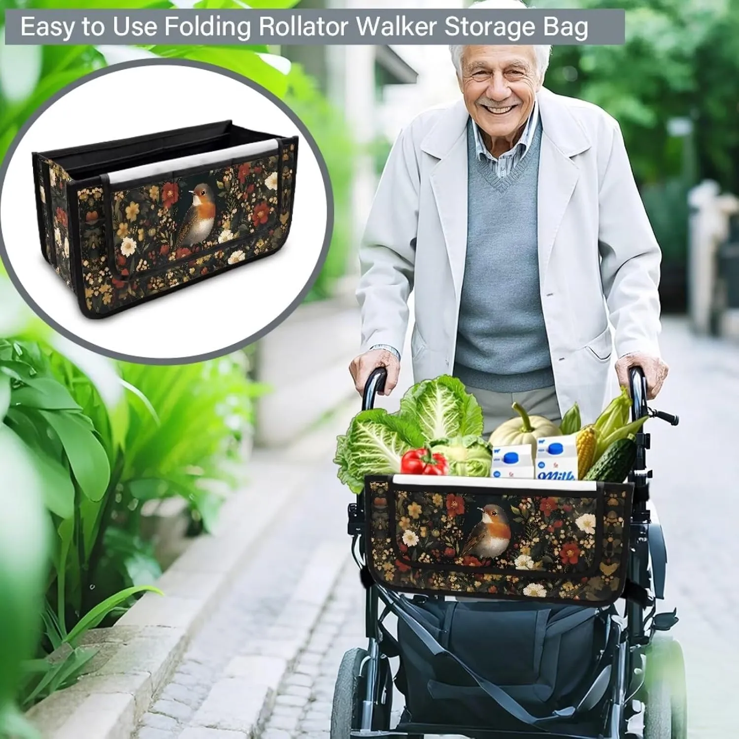 Robin Bird Floral Rollator Bag Tote Organizer for Universal Walkers Walker Bag Mobility Aid Accessory Pouch for Seniors in Assisted Living
