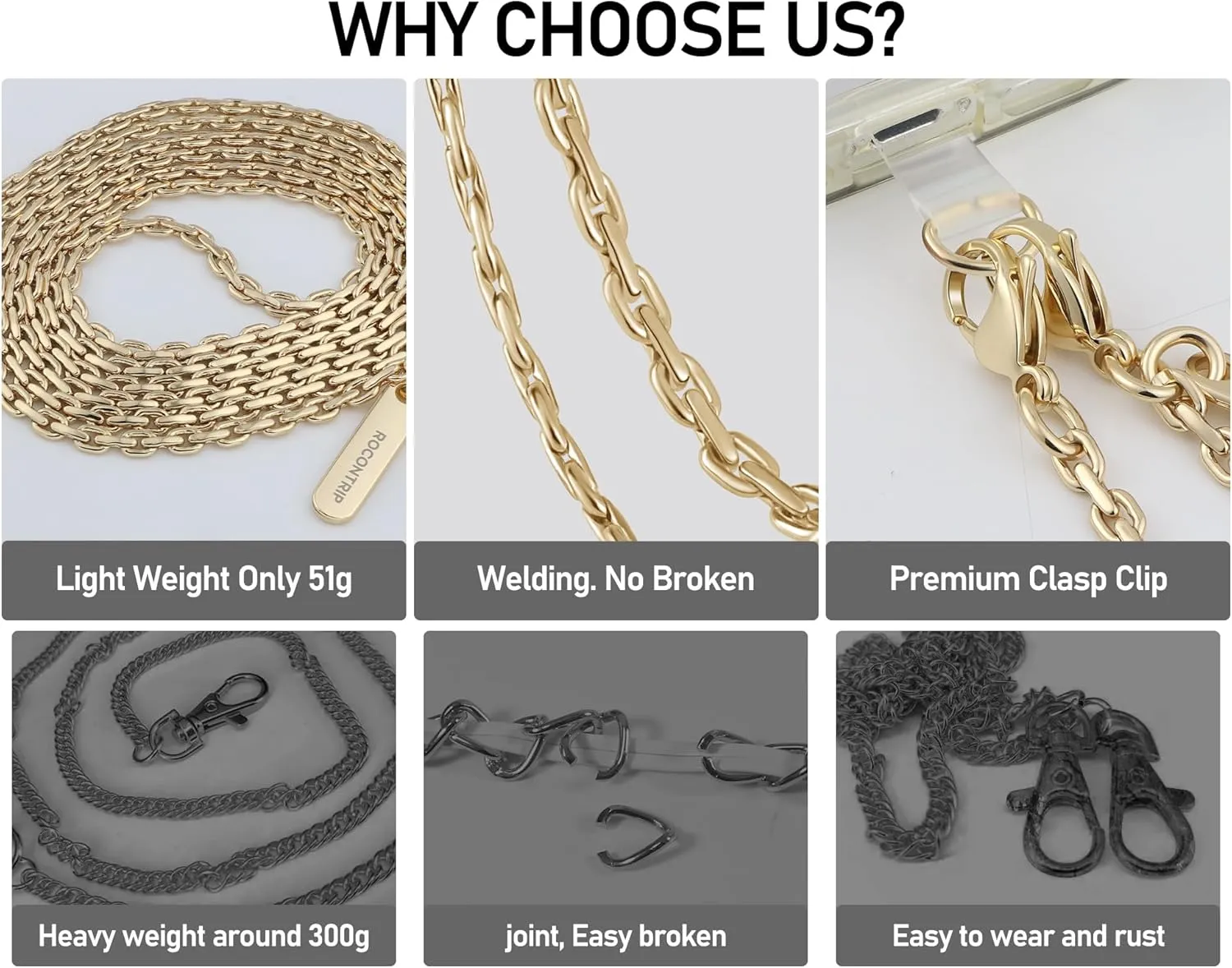 ROCONTRIP Metal Phone Chain Set Including Crossbody Phone Lanyard and Wrist Strap with 2*Tether Tabs Detachable iPhone Chain Strap Non-rust,Unbreak iPhone Wristlet Strap for Women Travel Essentials