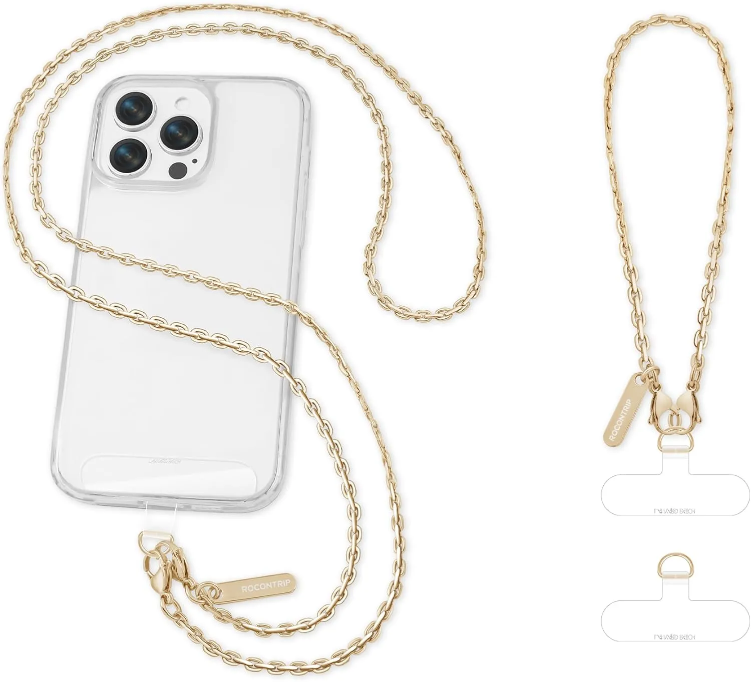 ROCONTRIP Metal Phone Chain Set Including Crossbody Phone Lanyard and Wrist Strap with 2*Tether Tabs Detachable iPhone Chain Strap Non-rust,Unbreak iPhone Wristlet Strap for Women Travel Essentials