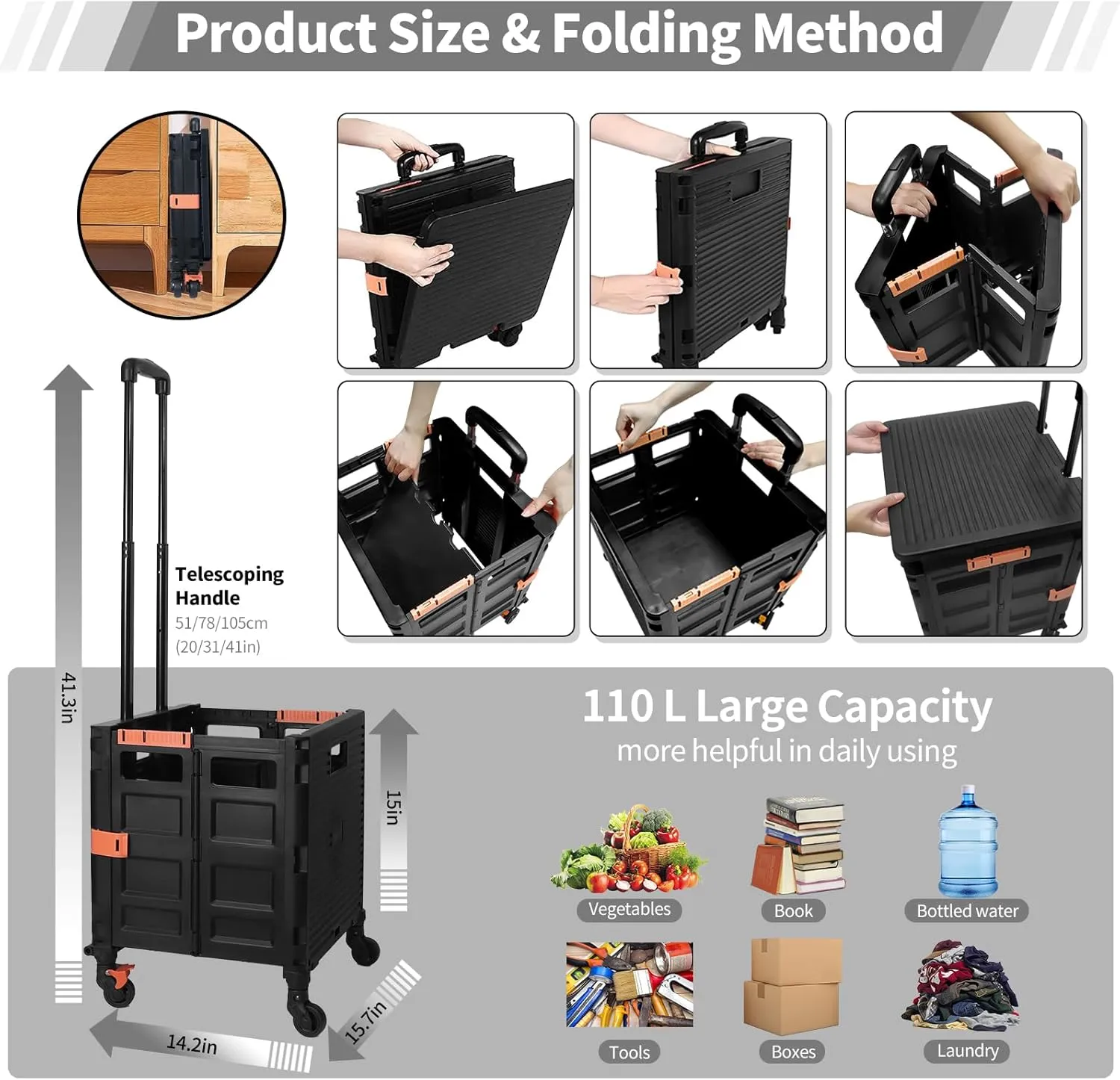 Rolling Crate Utility Cart Collapsible Tote Basket Teacher Cart with Lid Wear-Resistant Noiseless 360°Rotate Wheel Telescoping Handle for Trave Moving Luggage Use(Black,110lbs)