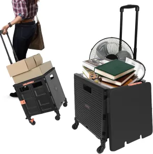 Rolling Crate Utility Cart Collapsible Tote Basket Teacher Cart with Lid Wear-Resistant Noiseless 360°Rotate Wheel Telescoping Handle for Trave Moving Luggage Use(Black,110lbs)