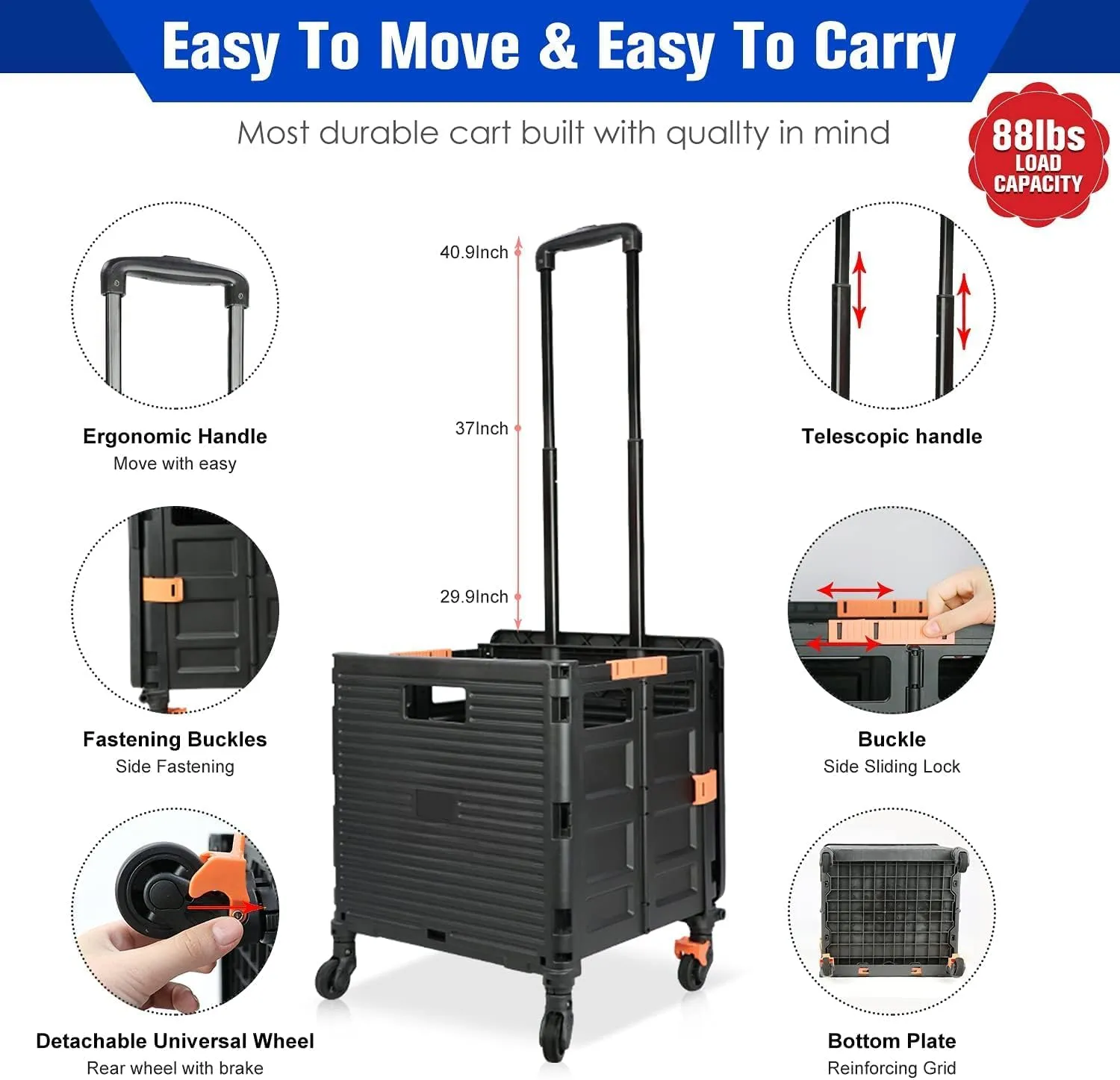 Rolling Crate Utility Cart Collapsible Tote Basket Teacher Cart with Lid Wear-Resistant Noiseless 360°Rotate Wheel Telescoping Handle for Trave Moving Luggage Use(Black,110lbs)