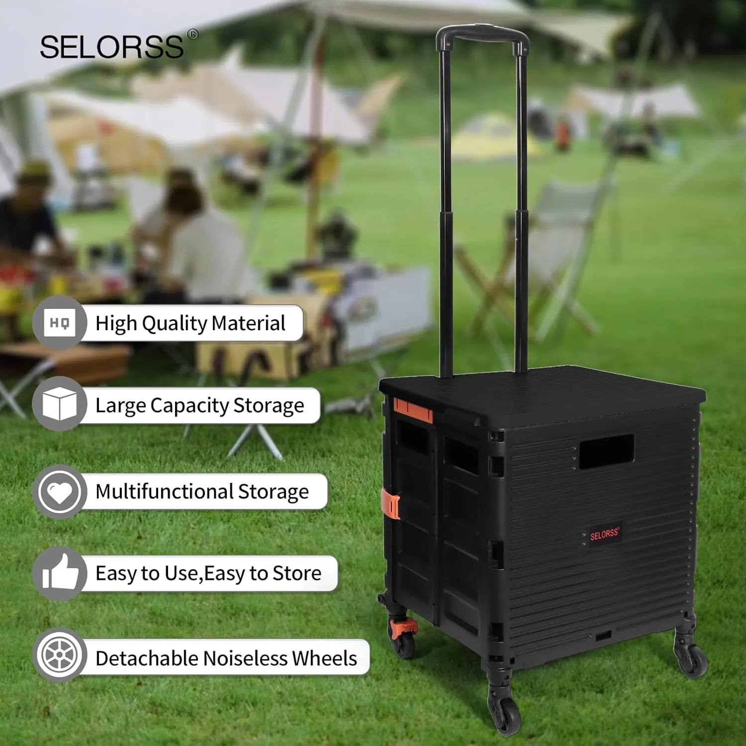 Rolling Crate Utility Cart Collapsible Tote Basket Teacher Cart with Lid Wear-Resistant Noiseless 360°Rotate Wheel Telescoping Handle for Trave Moving Luggage Use(Black,110lbs)