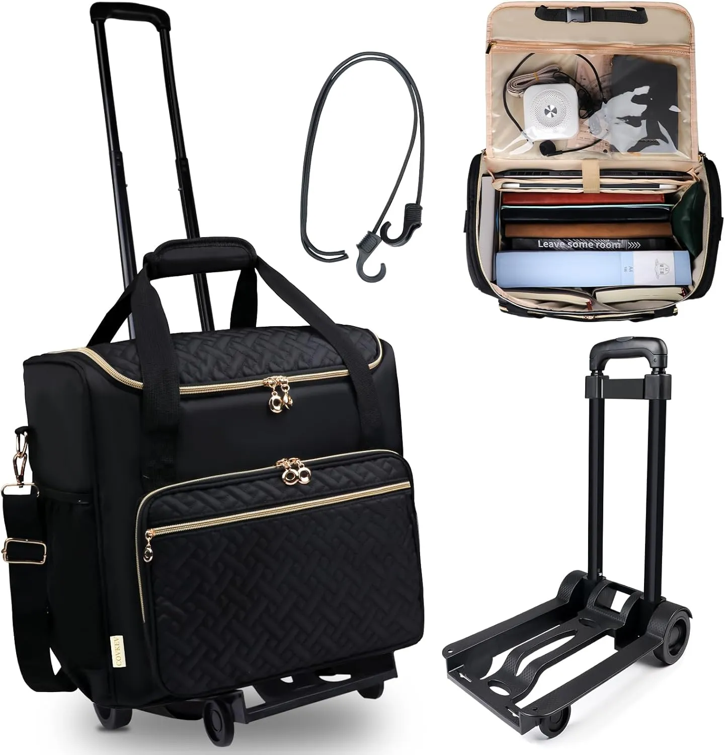 Rolling Teacher Tote Bag with Detachable Trolley, Wheeled Teacher Bag with 15 Inch Laptop Compartment, Soft Nylon Multifunctional Tote Bag with Wheels for Teaching& Office Supplies (Black)