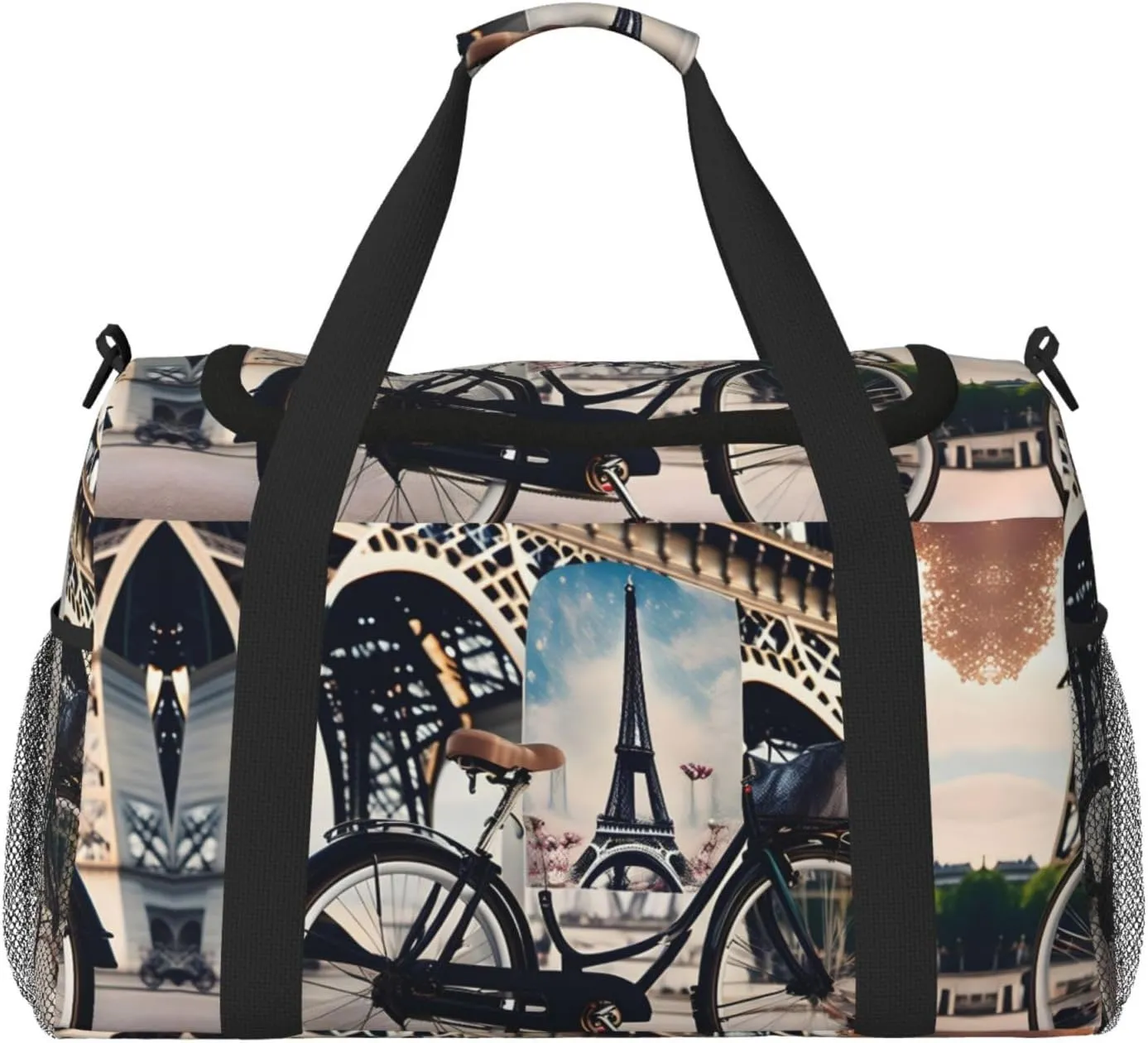 Romantic Paris Eiffel Tower Bycicle Travel Tote Bag â€“ Large Reusable Shopping Bag, Vacation Tote, Sports Duffel Bag with Adjustable Crossbody Strap
