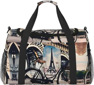 Romantic Paris Eiffel Tower Bycicle Travel Tote Bag â€“ Large Reusable Shopping Bag, Vacation Tote, Sports Duffel Bag with Adjustable Crossbody Strap