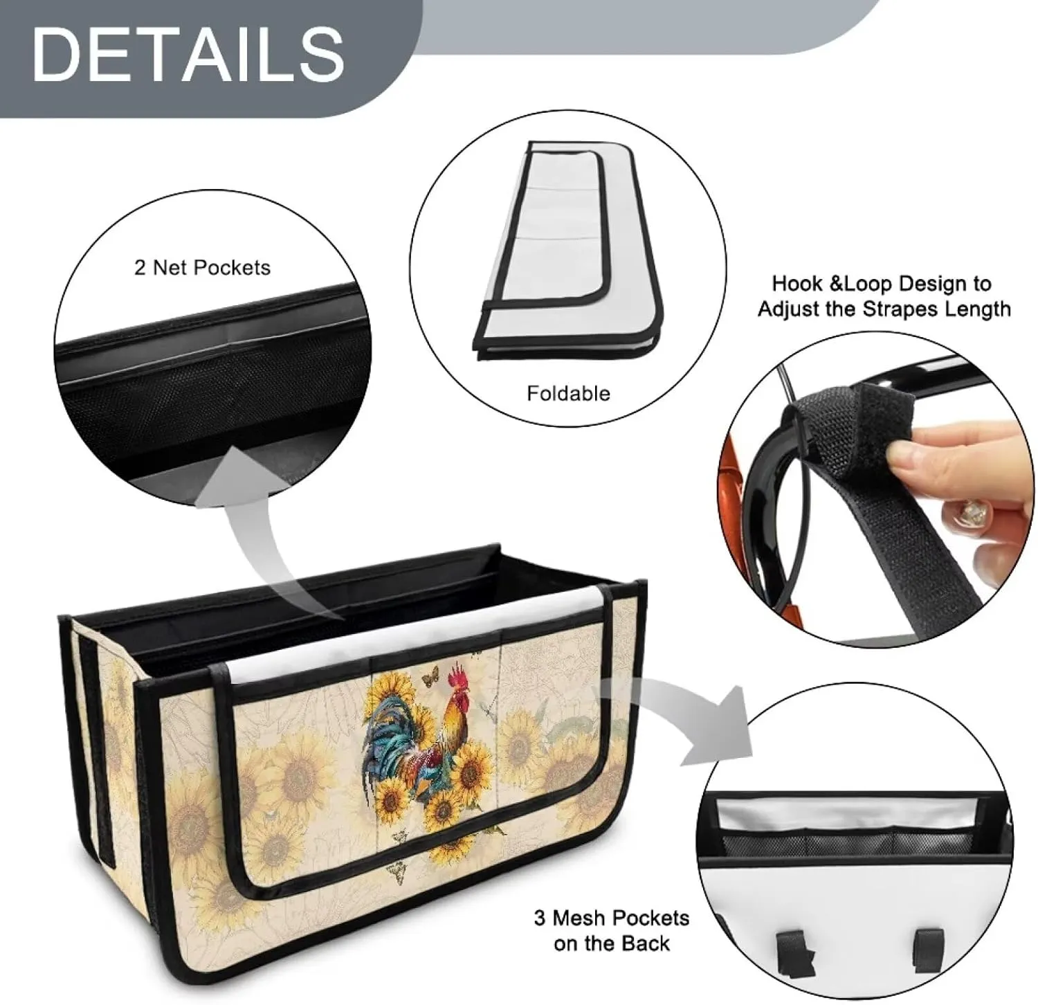 Rooster Sunflower Rollator Bag Folding Bag Tote Organizer Pouch Storage to Walkers for Senoirs Walker Accessories for Elderly Senior