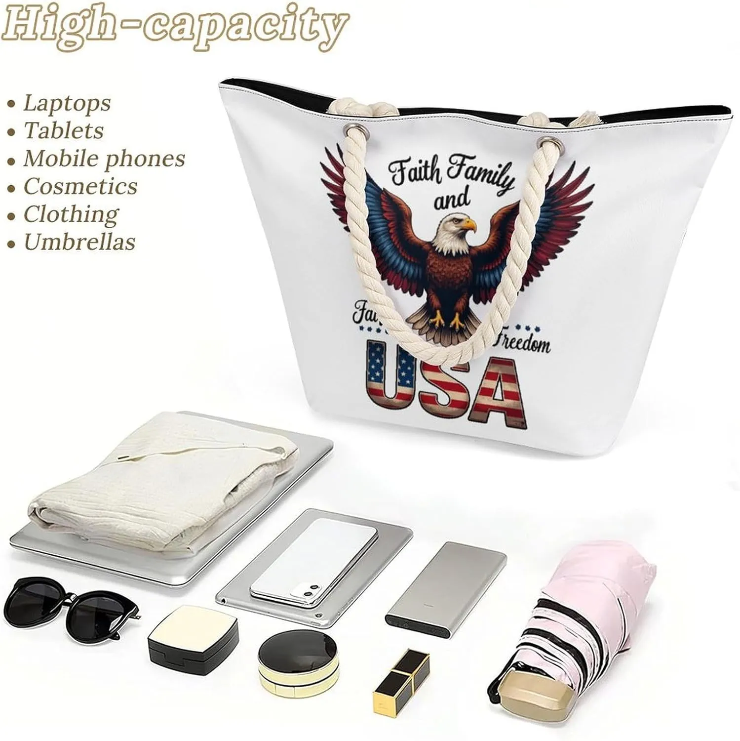Rope Bag Women Men Beach Tote Bag with Hemp Rope Handle Top Zipper Boat Bag Large Capacity Handbag