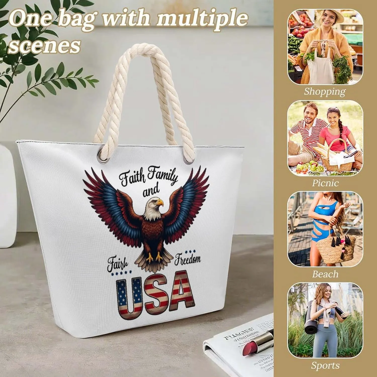 Rope Bag Women Men Beach Tote Bag with Hemp Rope Handle Top Zipper Boat Bag Large Capacity Handbag