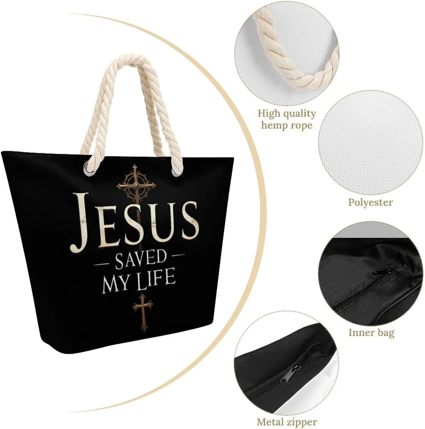 Rope Bag Women Men Beach Tote Bag with Hemp Rope Handle Top Zipper Boat Bag Large Capacity Handbag