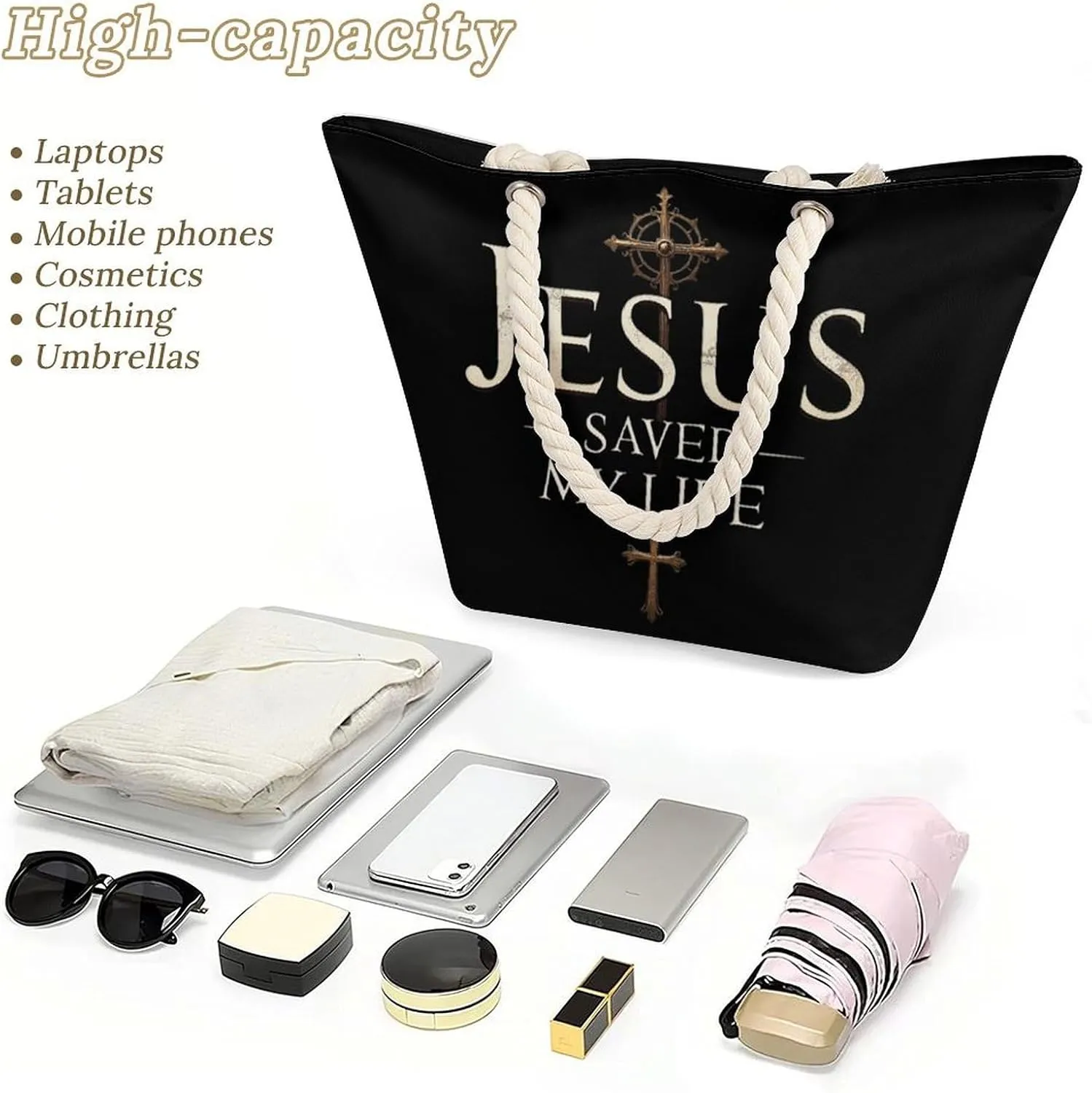 Rope Bag Women Men Beach Tote Bag with Hemp Rope Handle Top Zipper Boat Bag Large Capacity Handbag