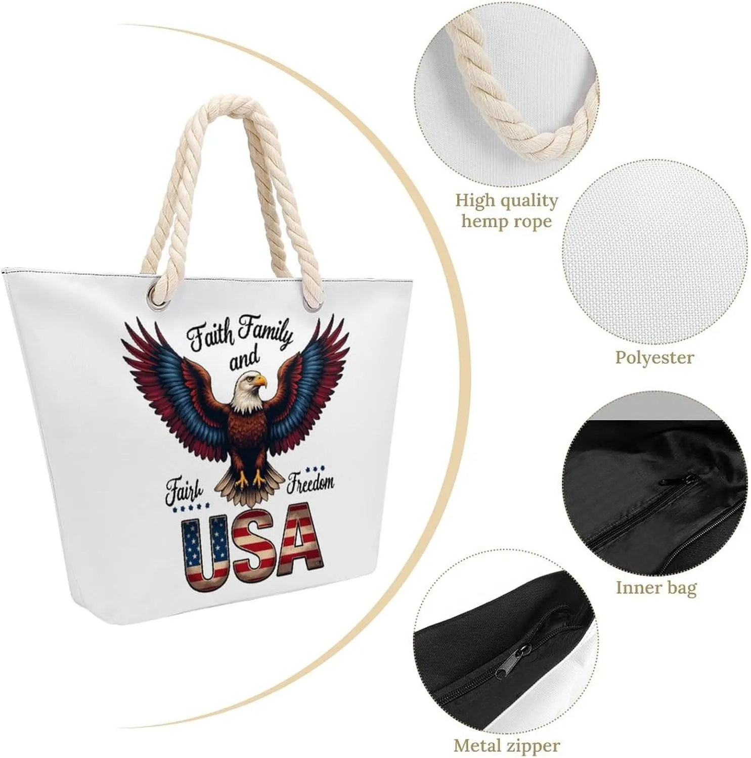 Rope Bag Women Men Beach Tote Bag with Hemp Rope Handle Top Zipper Boat Bag Large Capacity Handbag