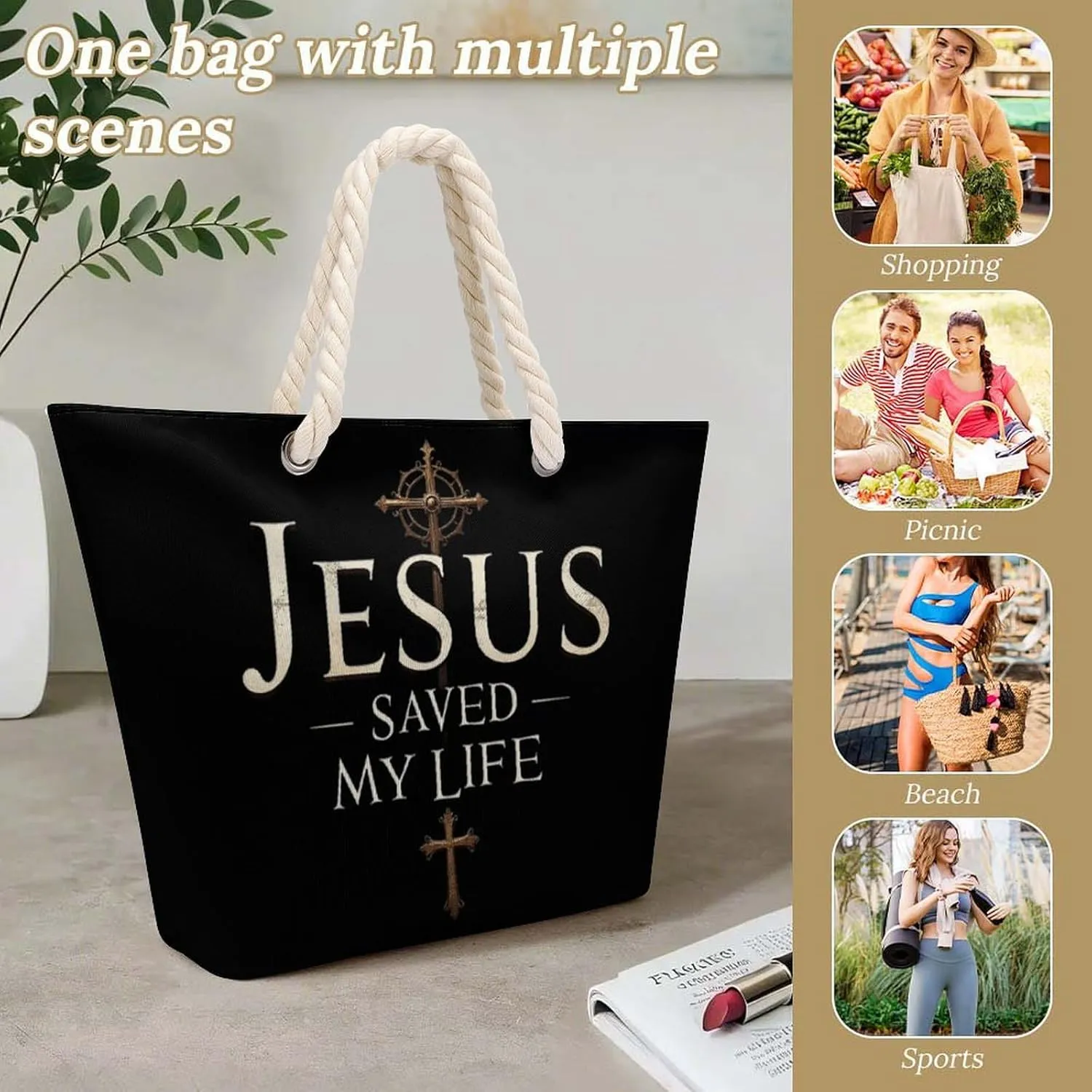 Rope Bag Women Men Beach Tote Bag with Hemp Rope Handle Top Zipper Boat Bag Large Capacity Handbag