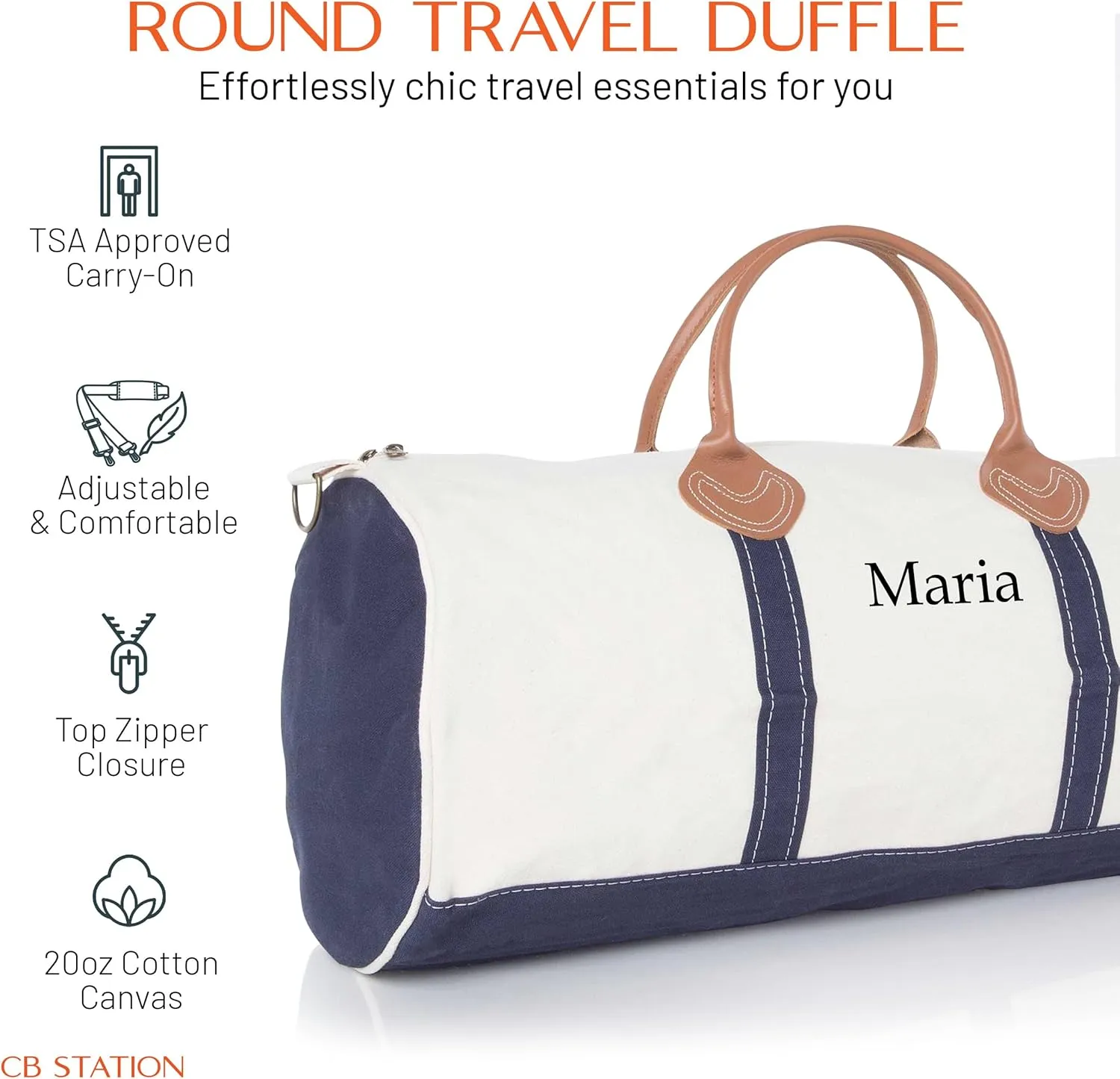 Round Duffel Carry On Bag for Travel or Gym, Quality and Heavy Duty 20 oz Cotton Canvas (Personalized, Navy Blue)