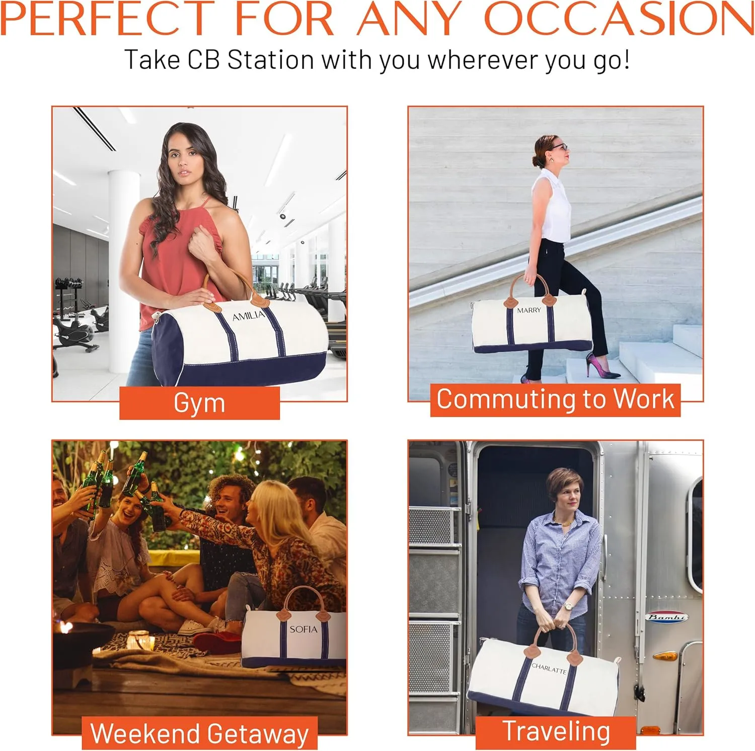 Round Duffel Carry On Bag for Travel or Gym, Quality and Heavy Duty 20 oz Cotton Canvas (Personalized, Navy Blue)