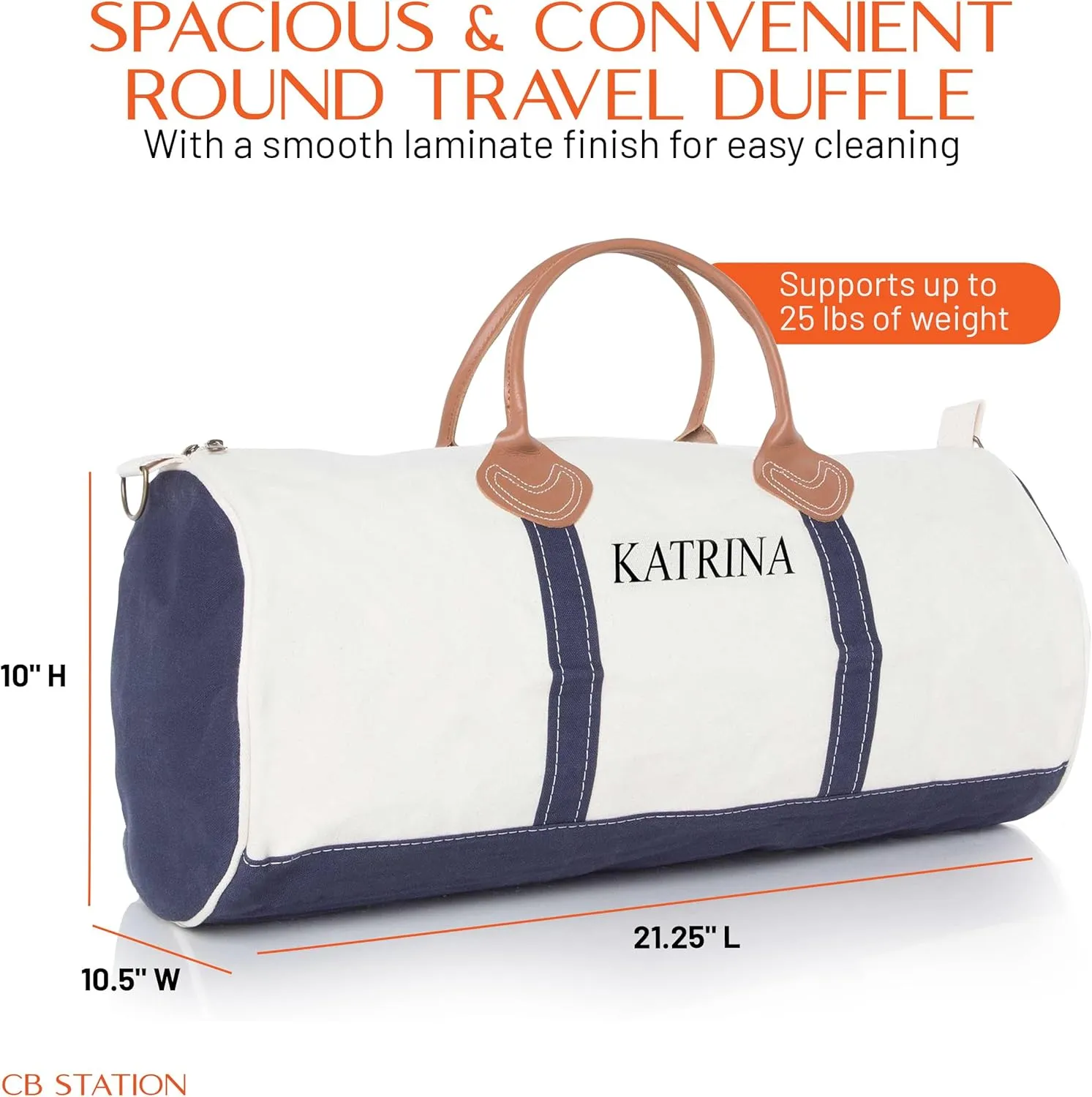 Round Duffel Carry On Bag for Travel or Gym, Quality and Heavy Duty 20 oz Cotton Canvas (Personalized, Navy Blue)