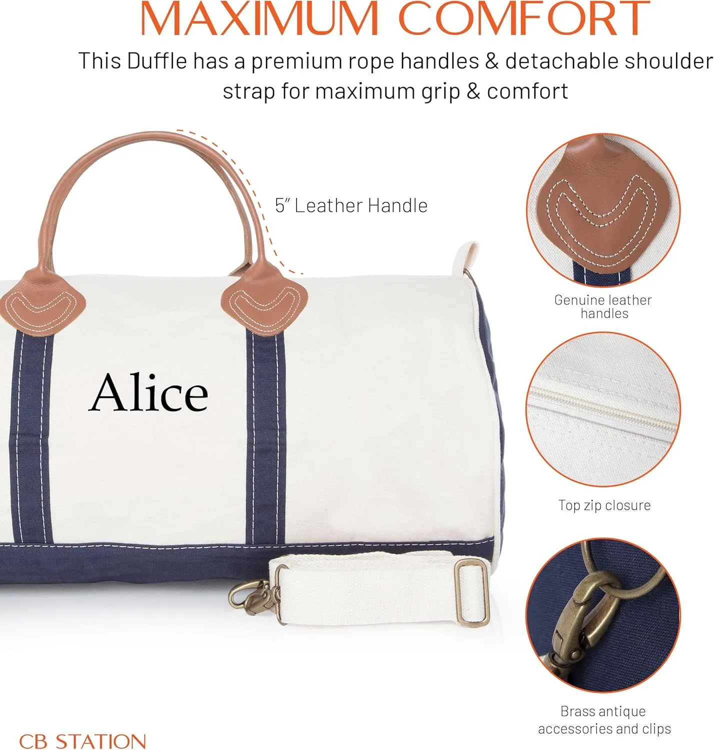Round Duffel Carry On Bag for Travel or Gym, Quality and Heavy Duty 20 oz Cotton Canvas (Personalized, Navy Blue)