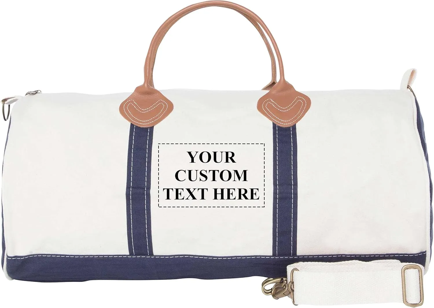 Round Duffel Carry On Bag for Travel or Gym, Quality and Heavy Duty 20 oz Cotton Canvas (Personalized, Navy Blue)