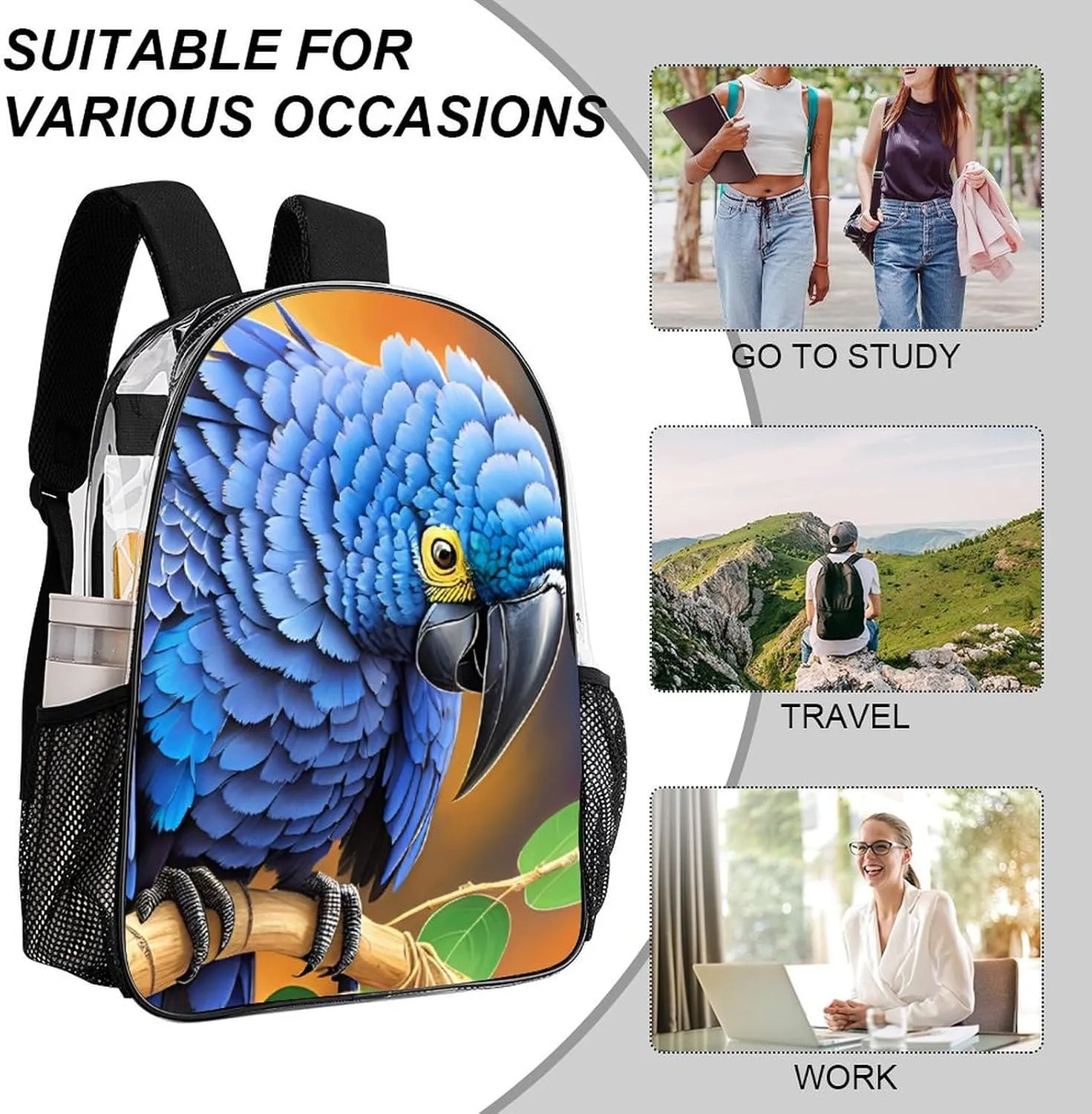 Rucksack Multipurpose Anti-Theft Big Capacity Shoulder Bag - Hyacinth Macaw Art Travel Hiking & Camping Rucksack Transparent Bag