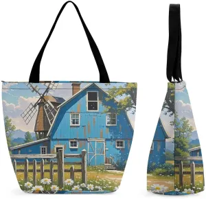 Rural Blue Valley Warehouse Bag for Women Tote Bag with Zipper Handbag for Travel Work Grocery Bag Shopping Bag