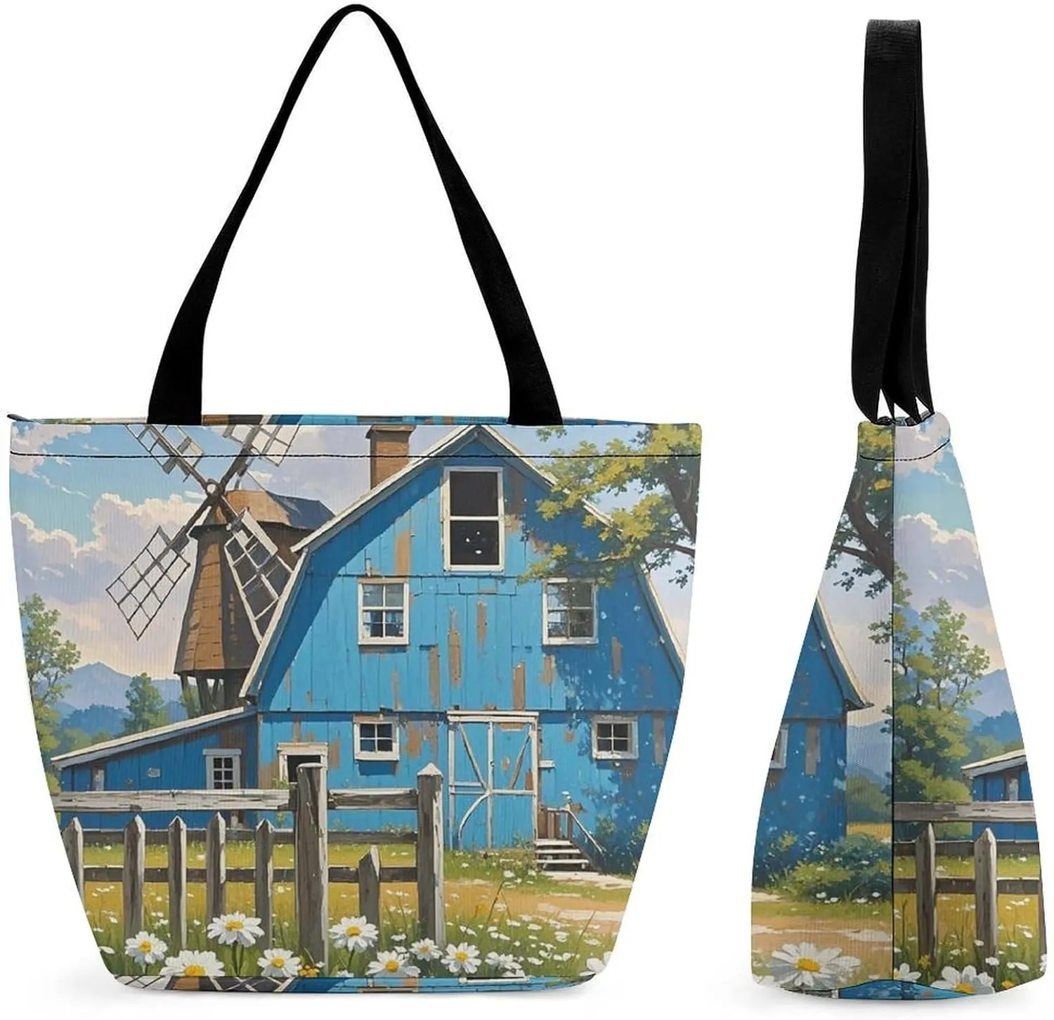 Rural Blue Valley Warehouse Bag for Women Tote Bag with Zipper Handbag for Travel Work Grocery Bag Shopping Bag