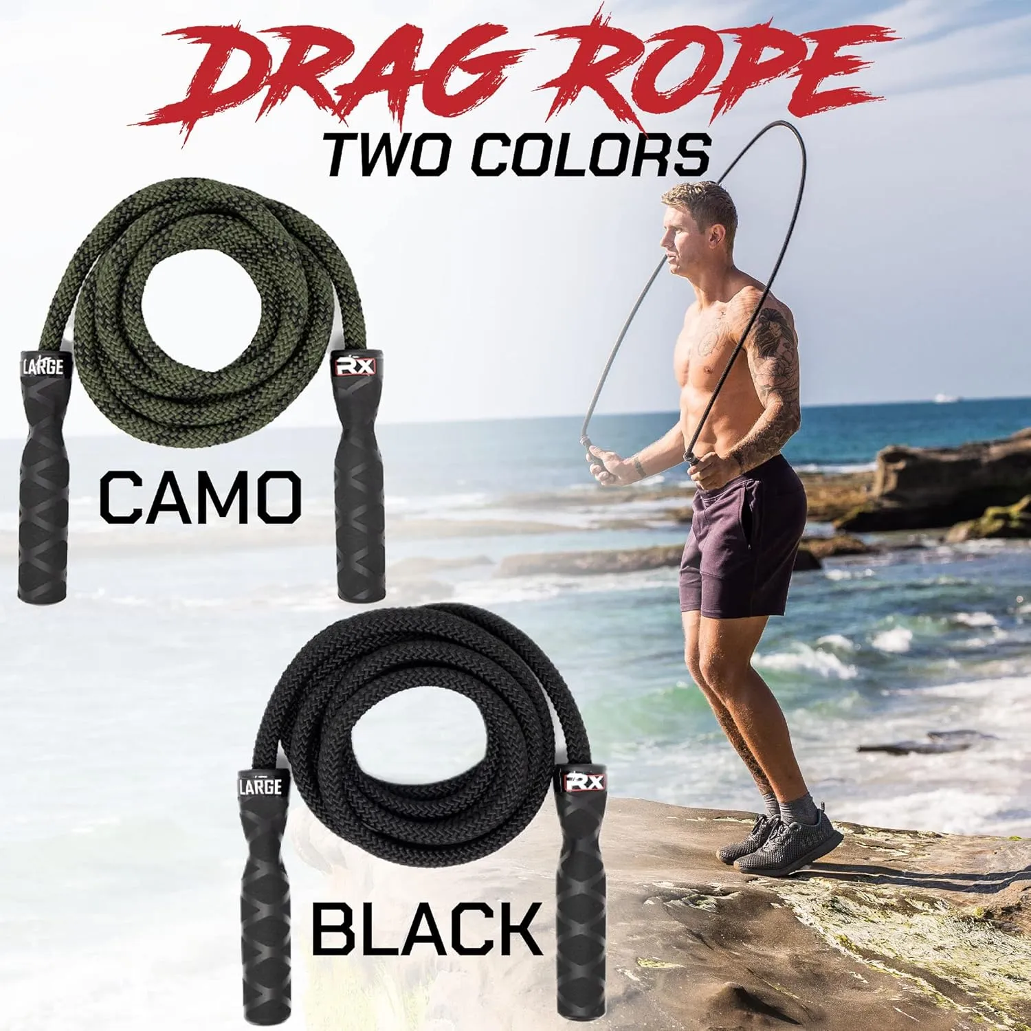 Rx Smart Gear Drag Jump Rope w/Non Slip Ergonomic Handles - Weighted Polypropylene Rope for Fitness & Exercise, Cardio Workout, WOD | Speed Jumping Rope for Men & Women