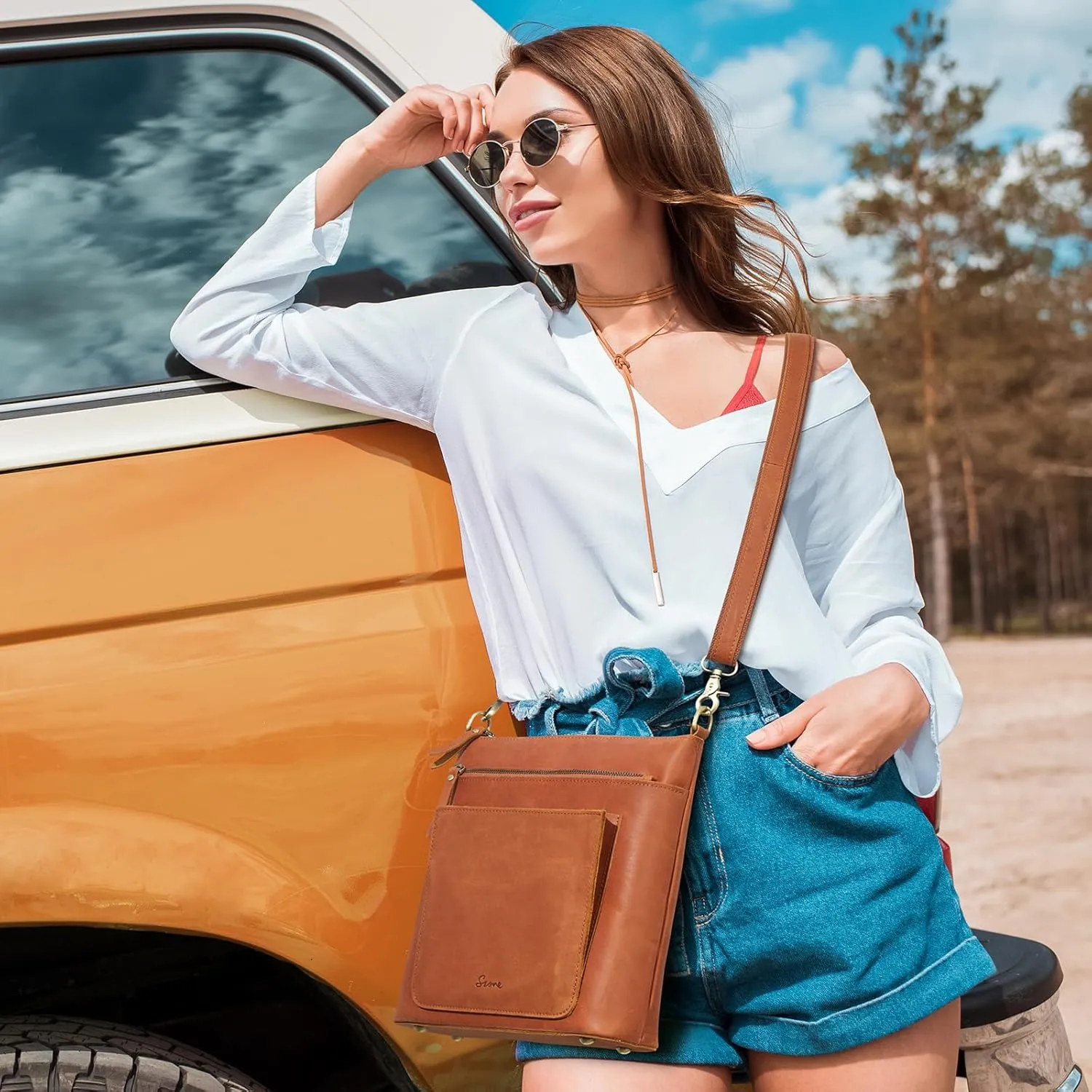 S-ZONE Leather Crossbody Bag for Women Vintage Cross Body Bags Shoulder Purse Ladies Medium Handbag with Multi Pockets