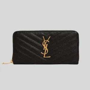 SAINT LAURENT YSL Cassandre Matelasse Zip Around Wallet In Grain De Poudre Embossed Leather Black RS-358094BOW01