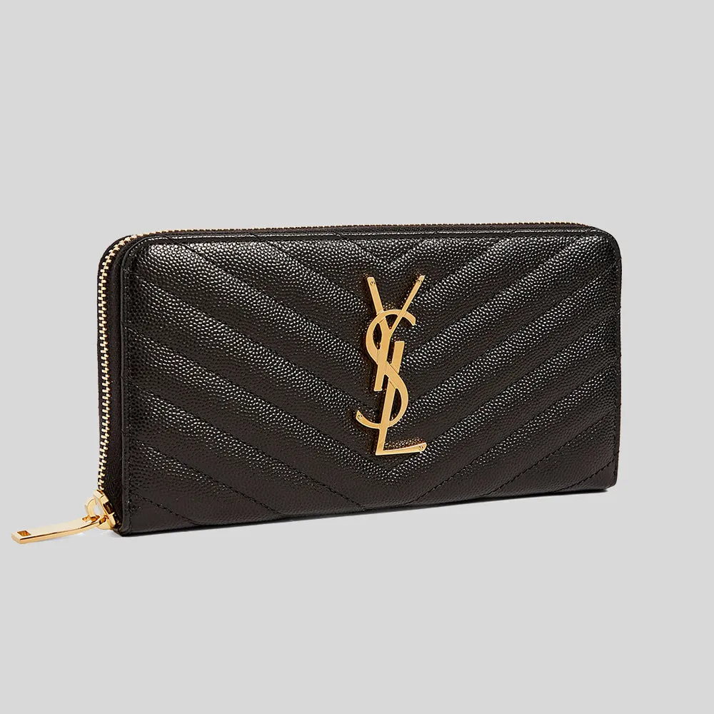SAINT LAURENT YSL Cassandre Matelasse Zip Around Wallet In Grain De Poudre Embossed Leather Black RS-358094BOW01