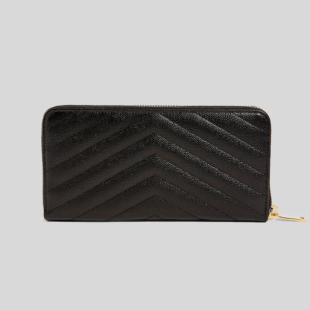 SAINT LAURENT YSL Cassandre Matelasse Zip Around Wallet In Grain De Poudre Embossed Leather Black RS-358094BOW01