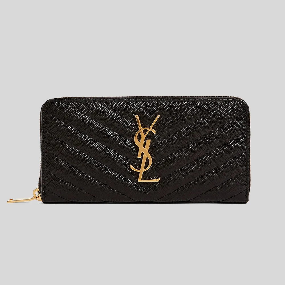 SAINT LAURENT YSL Cassandre Matelasse Zip Around Wallet In Grain De Poudre Embossed Leather Black RS-358094BOW01