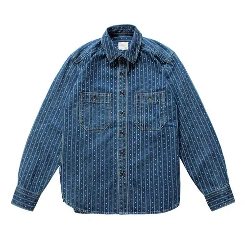 SauceZhan Chambray shirt men shirt Wabash Stripe shirt Work Shirt Selvedge Jeans Shirt Denim Vintage longsleeve shirt for men